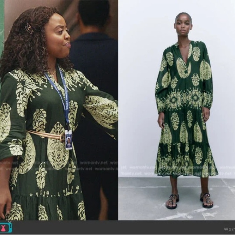 Zara 100% Cotton Green Printed Midi Dress